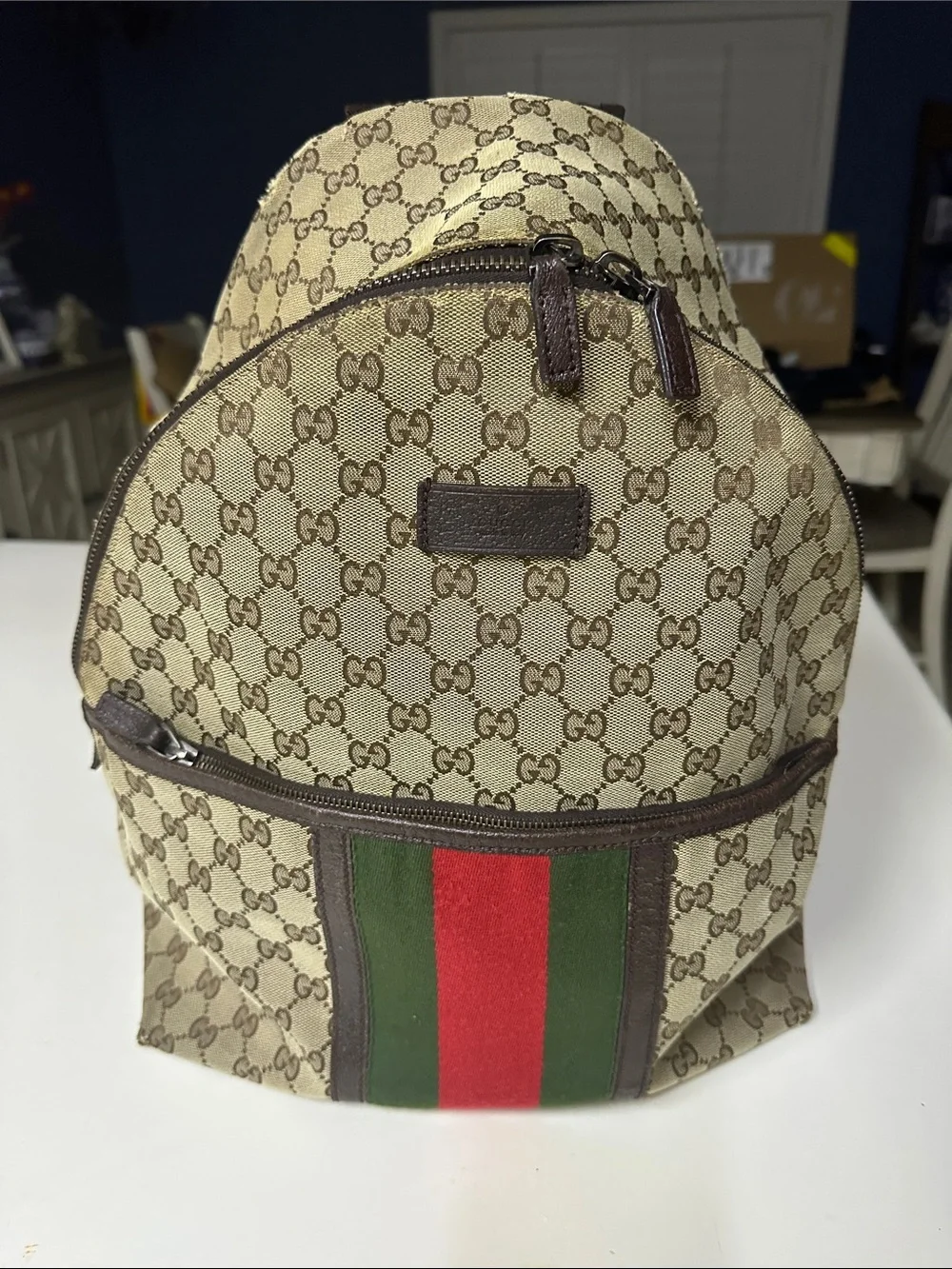 Gucci Brown GG Canvas Backpack with Red & Green Web Stripe
